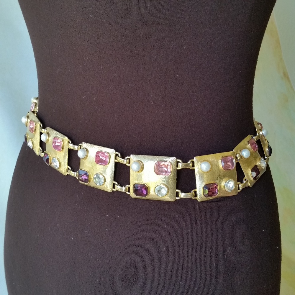 VINTAGE STATEMENT BELT 1960’s Encrusted Gemstone and Costume Pearl OOAK